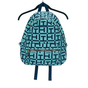 TOMMY HILFIGER Dome Backpack 17" Monogram Logo Navy Teal Canvas Preppy Bag VGUC